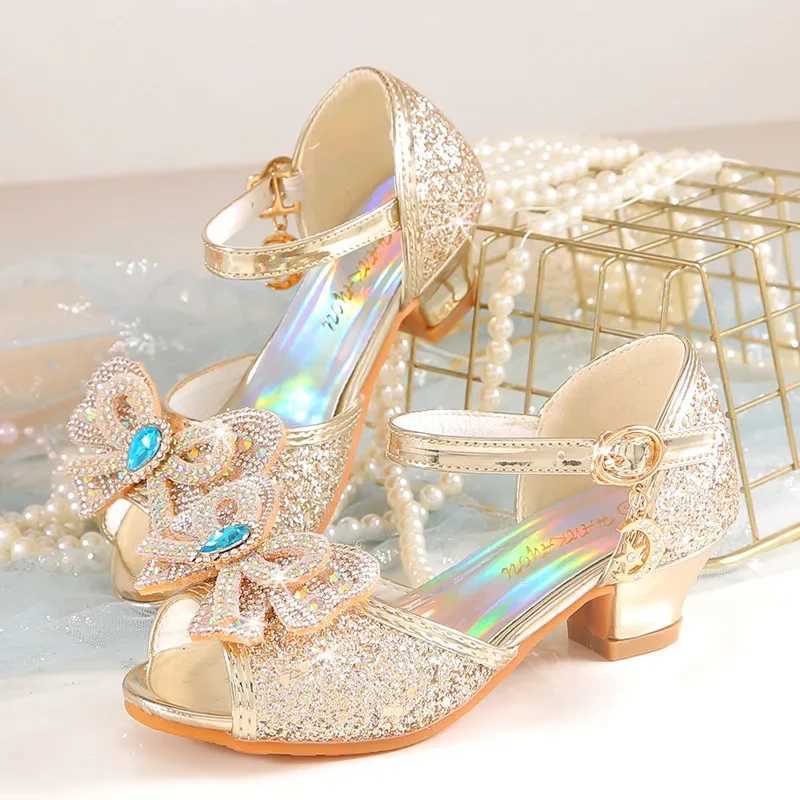 Summer girls sandals with heels fashionable rhinestones sparkling shoes CHIldrens princess bow pearl shoes H876 Z250410