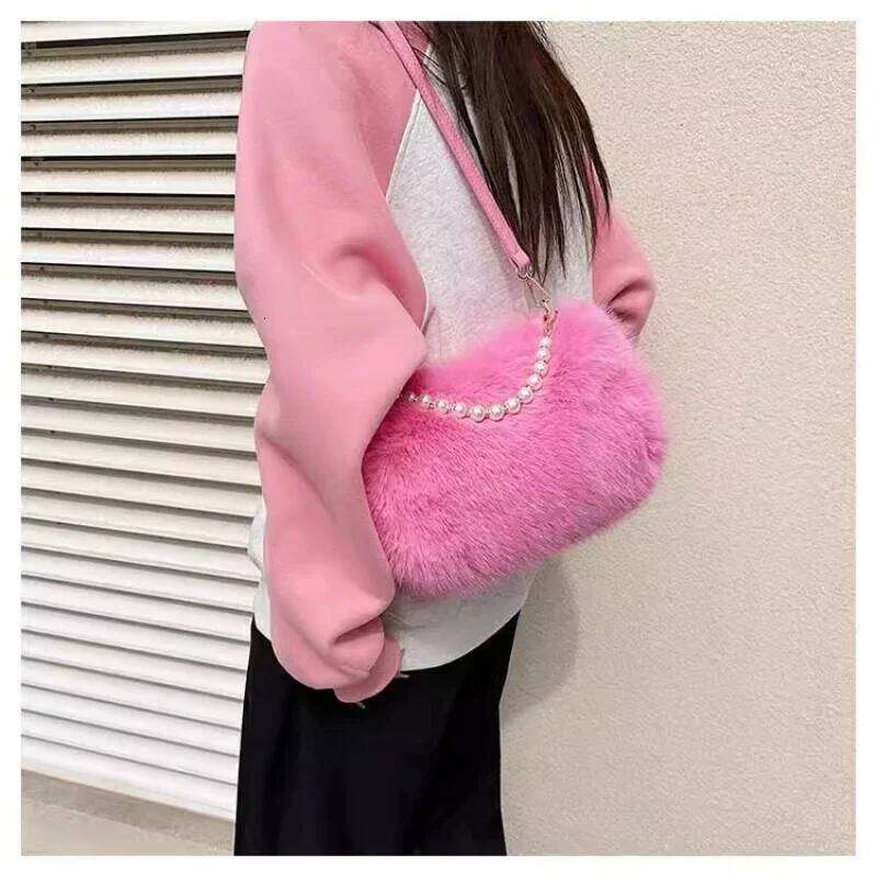 Candy Color Pearl Handle Women's Plush Crossbody Bag Portable Female Furry Handbags Winter Fashion Casual Ladies Shoulder Bags