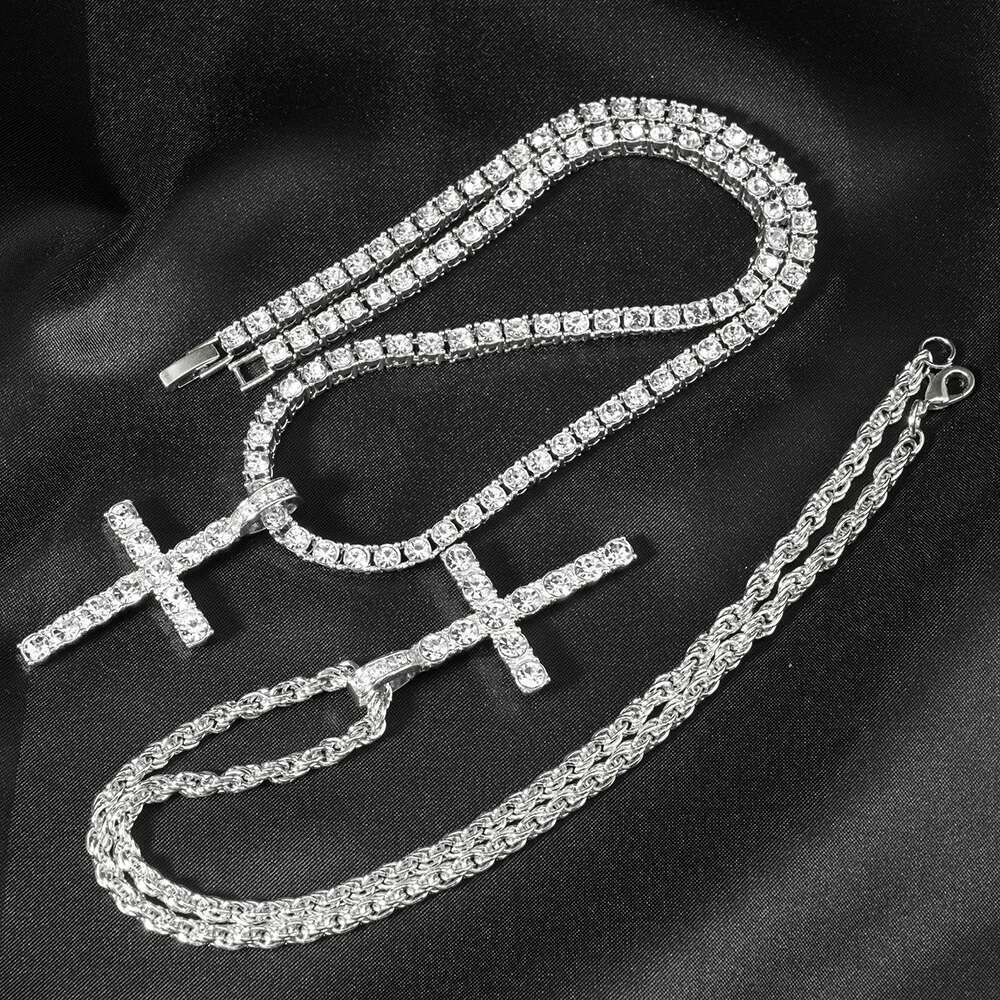 Hip Hop Cross Pendant Necklace Strap 4mm Zircon Tennis Chain Iced Out Sparkling Necklace Men Women Punk Jewelry Fashion Gift