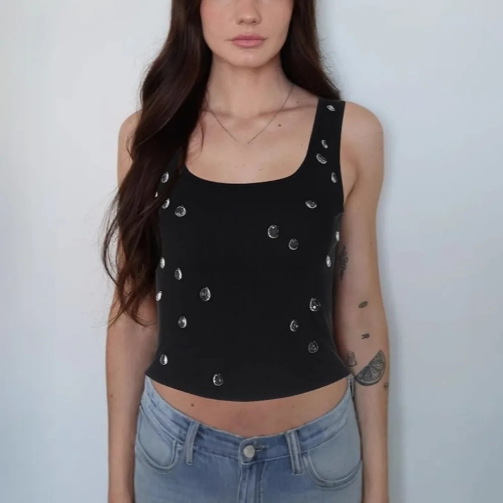 Spring and Summer Sparkling Bead Vest Womens Summer Y2k Street Clothing Sleeveless Short Vest Basic Womens T-shirt 250410