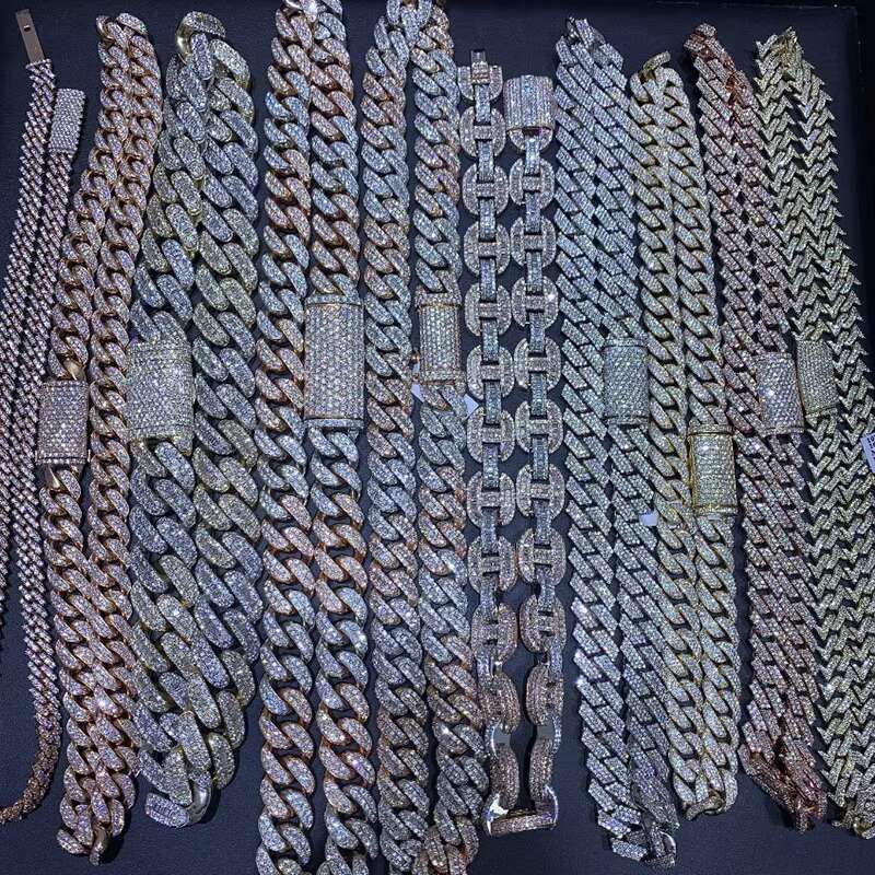 Hot Selling Pass Diamond Tester 925 Solid Silver 12mm 13mm 14mm 15mm Two Rows Iced Out Hip Hop Vvs1 Moissanite Cuban Link Chain
