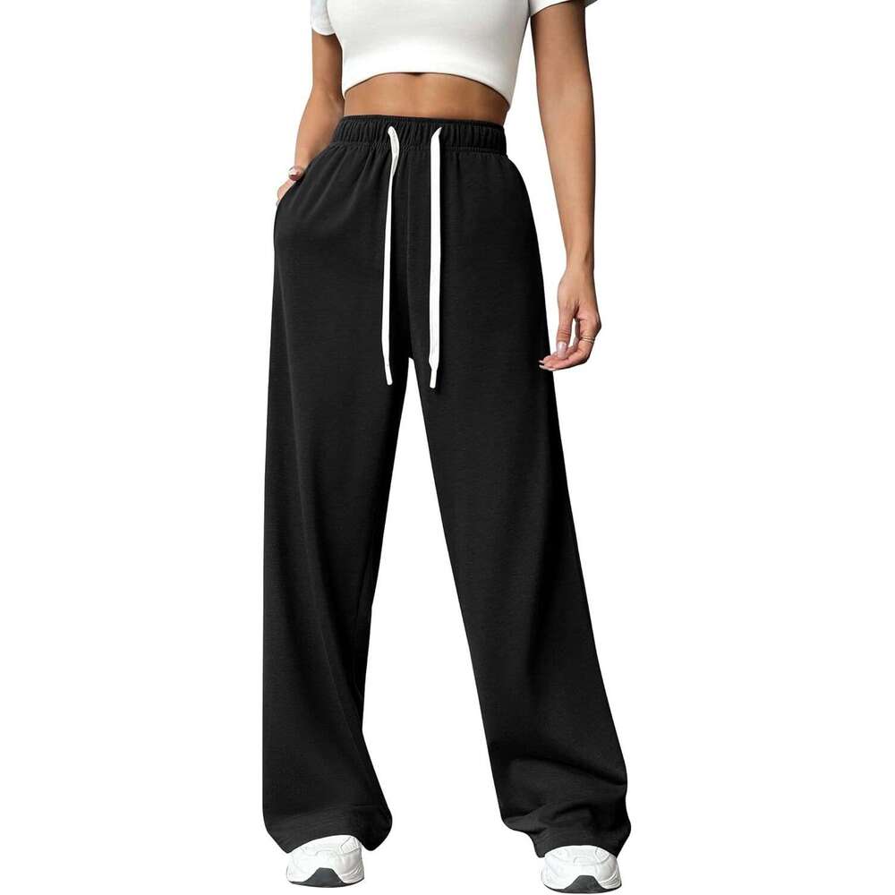 2025 Amazon Cross-Border Autumn Winter Women's Wide-Leg Sweatpants High Waist Loose Casual Drawstring Fitness Pants with Pockets
