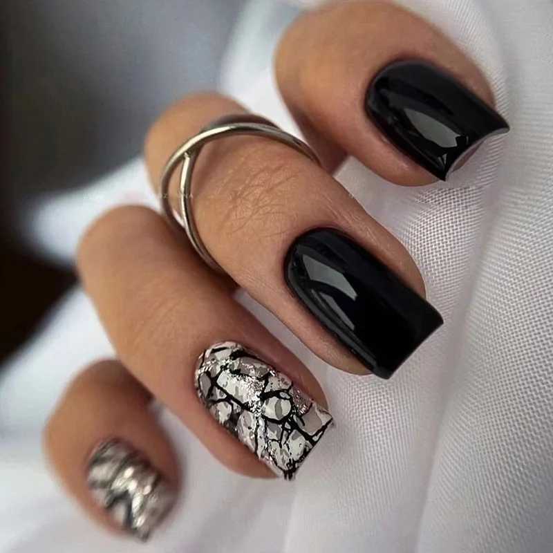 24 fashionable fake nails with short square heads artistic green leopard printing design artificial full set of nail tips W250410