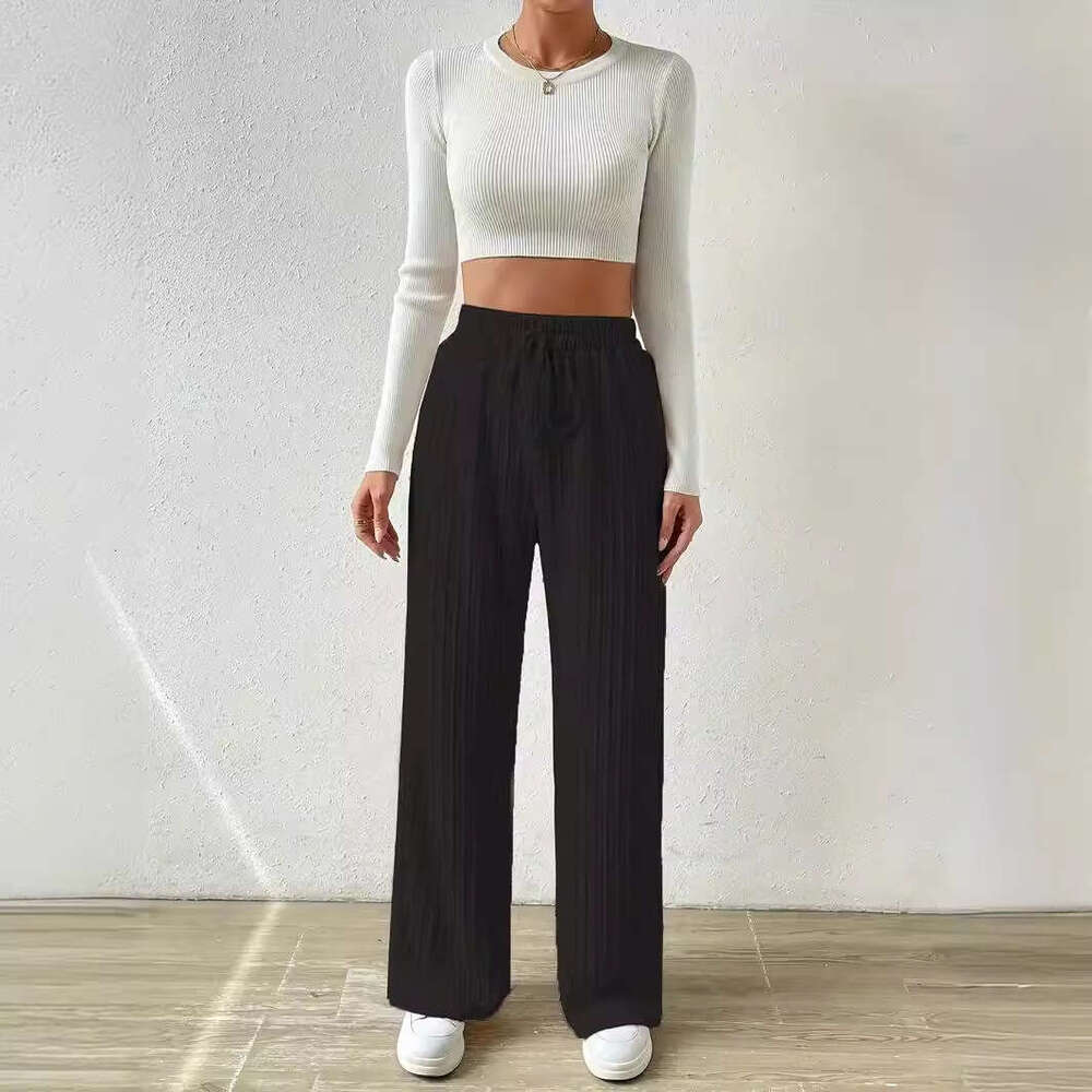 2024 New European and American Style Knitted Wide-Leg Pants with Waist Texture, Elastic High Waist, Solid Color, Casual Loose Straight-Leg Women'