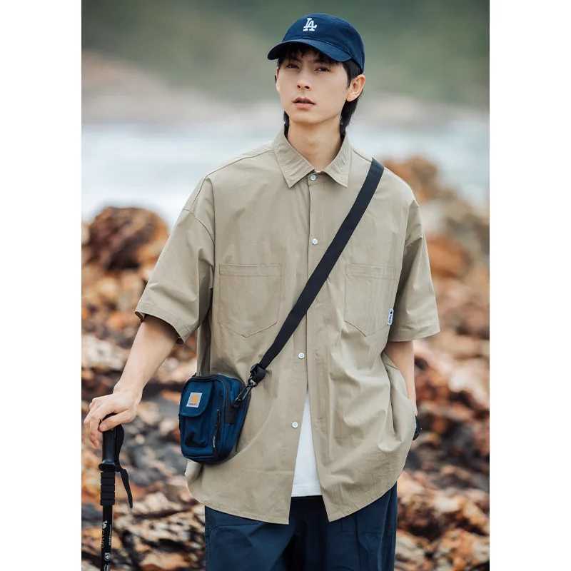 Mens dual pocket design short sleeved mens retro loose solid color simple casual trend brand from Japan X250410