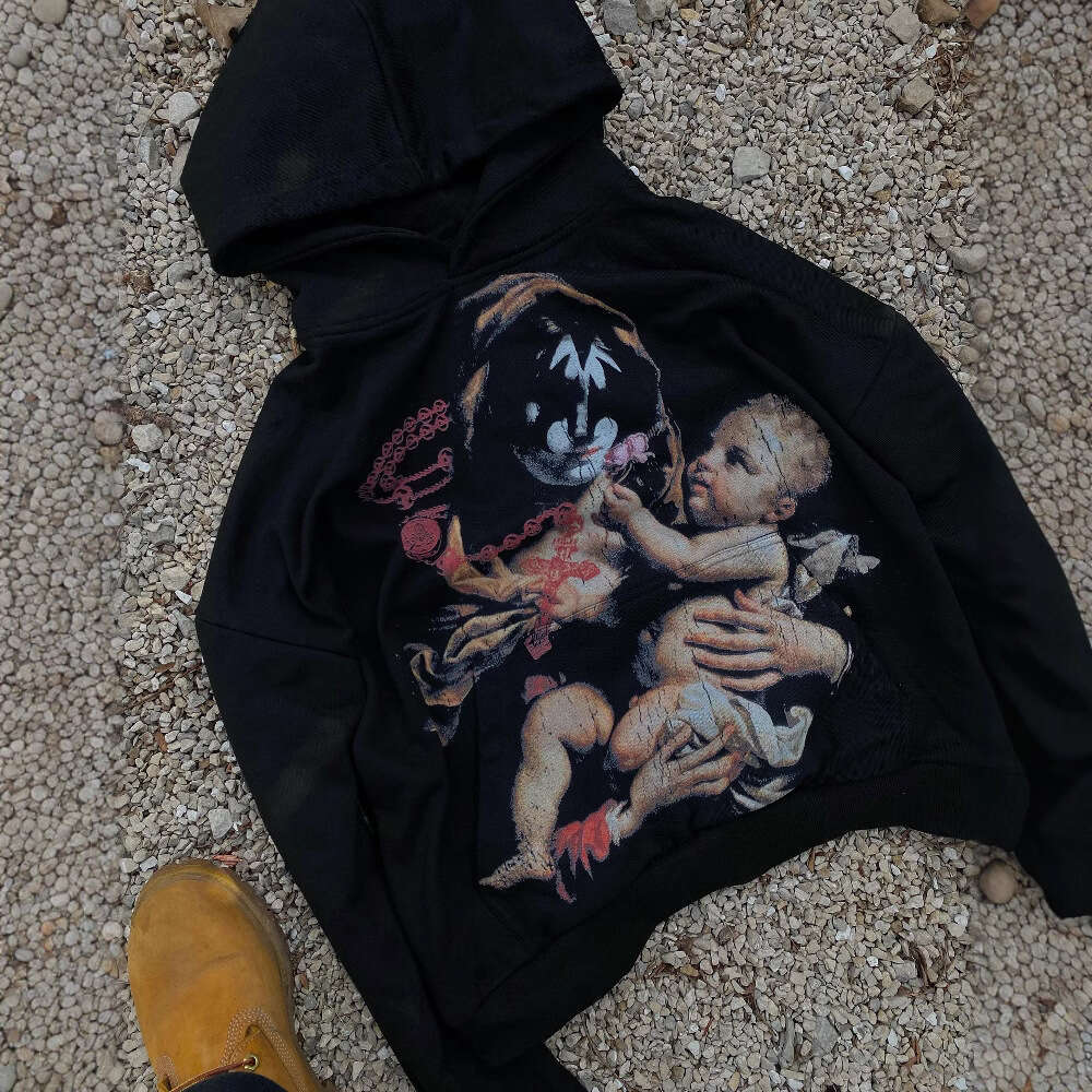 Black Angel 3D Printed Pattern Men's and Women's Spring Loose Street Hoodies