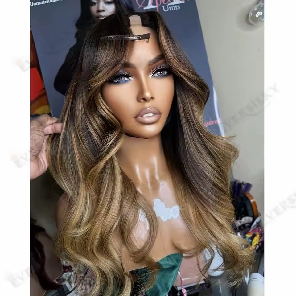 Slightly Wave Balayage Color Remy Human Hair Black Women 1*4 U Part Wigs Hightlight Honey Blonde Glueless Adjustable uPart Wigs