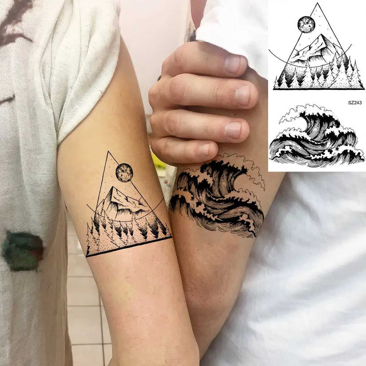 18 temporary tattoos on Mount Geometry suitable for men women adults fake wave tattoo stickers black 3D pine tree tattoos triangles W250410