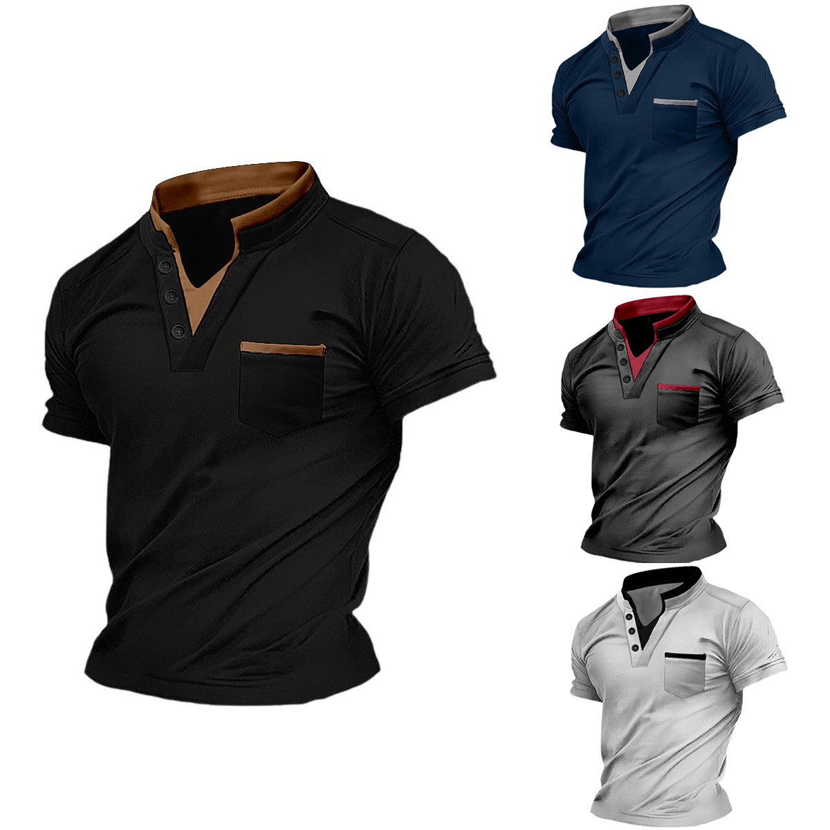 Mens short sleeved Henry shirt T-shirt top with pockets button up collar fashionable color matching collar