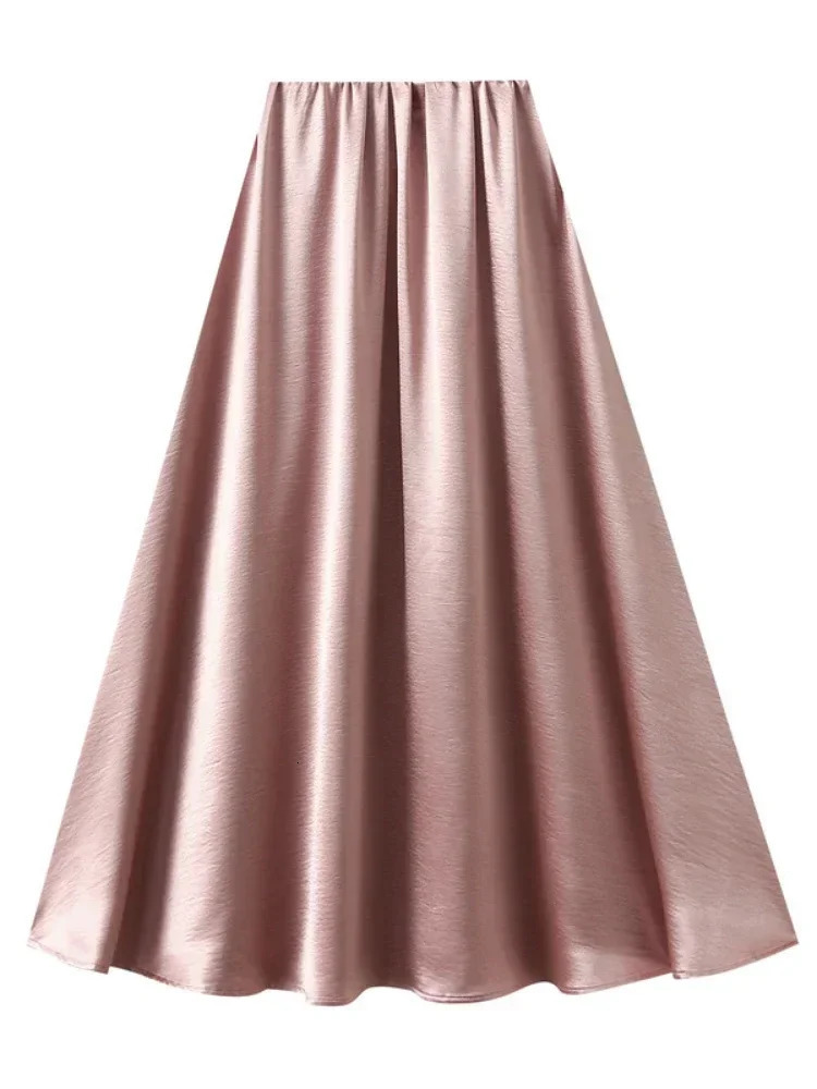Spring 2025 Womens Long Elastic Waist Satin Aline Skiing Ladies Elegant Solid Loose Wrinkle Maxi Umbrella 250407