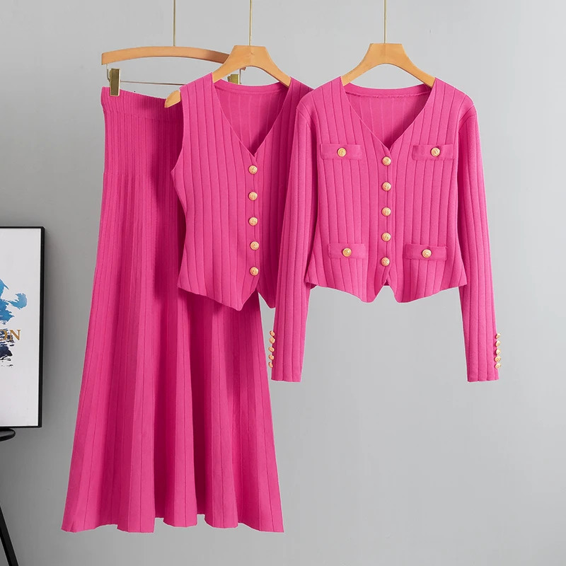 Women Three Piece Sets Kintted Vest Pleated Skirt Spring Autumn Cardigan Top High Waist Elegant Suit 251110