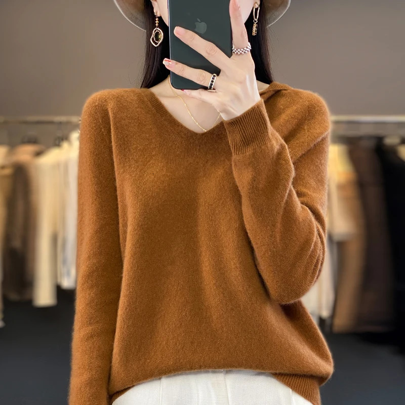 100 Merino Pure Wool V-neck Hoodie Autumn/Winter Hoodie Cashmere Sweater Womens Casual Knitted Top DMR207 251106
