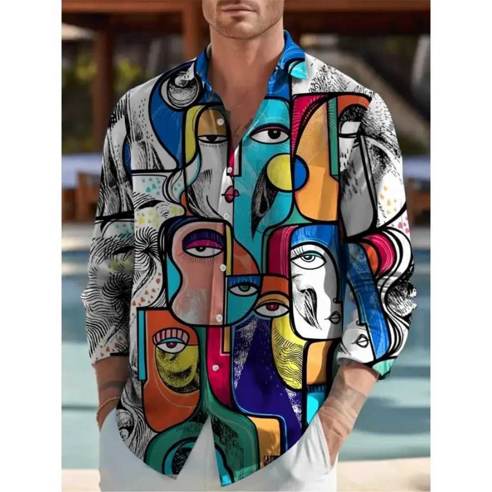 Mens 3D Art Painting Fashion Printing Single Chest Long Sleeve Casual Shirt Mens Loose Collar Mens Clothing X250410