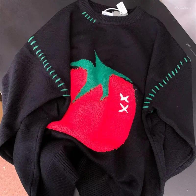 Men's Sweaters Autumn Cartoon Tomato Printed Knitted Sweater For Man Hip Hop Fashion Streetwear Pullovers Retro Aesthetic Y2K Knitwear