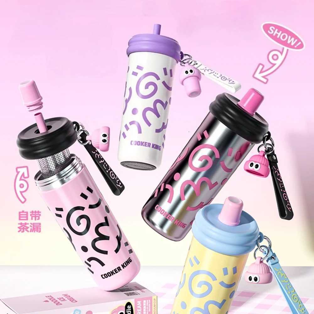 Fashionable cup COOKER KIN Children Cute 316 Stainless Steel Thermos Cup Student Kit Portable 600ml Large Capacity Straw Cup ple Y251110