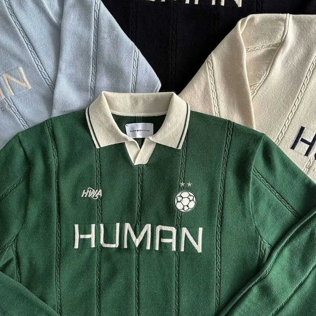 Fashion American Street Brand HUMAN Embroidered Polo Sweater Unisex Football Element Lapel Long-Sleeve Retro Loose Knit Top Y251110