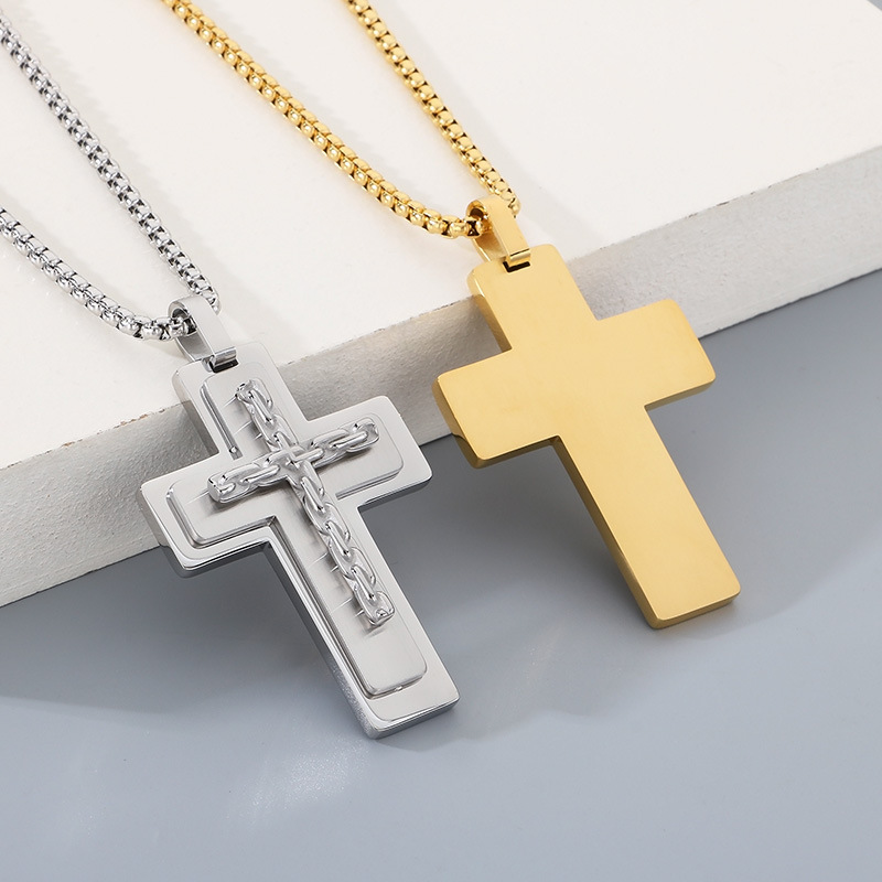Hip Hop Multi-layer Cross Pendant Necklace Stainless Steel Gold Plated Mens Jewelry