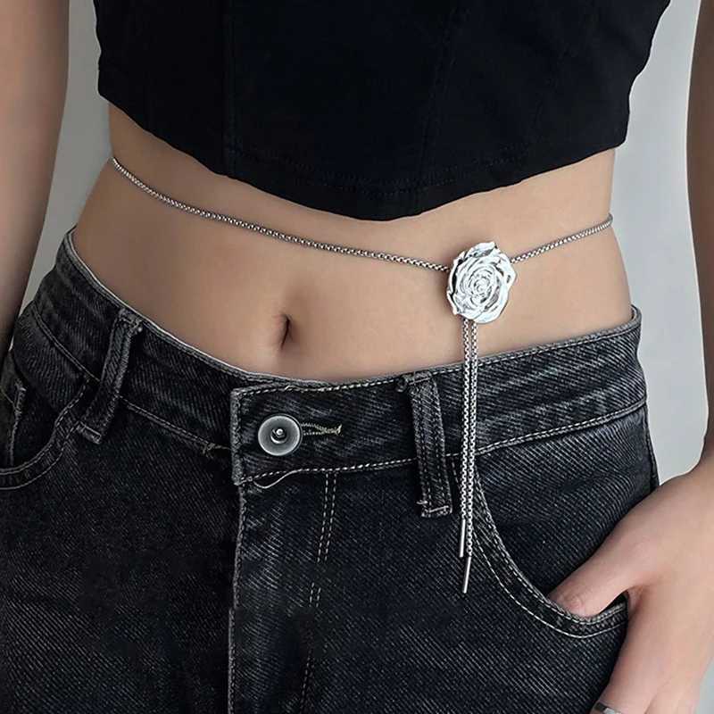 Punk Liquid Metal Rose Waist Chain Adjustable Silver Pendant Snake Bone Body Chain Punk Hip Hop Jewelry X250410