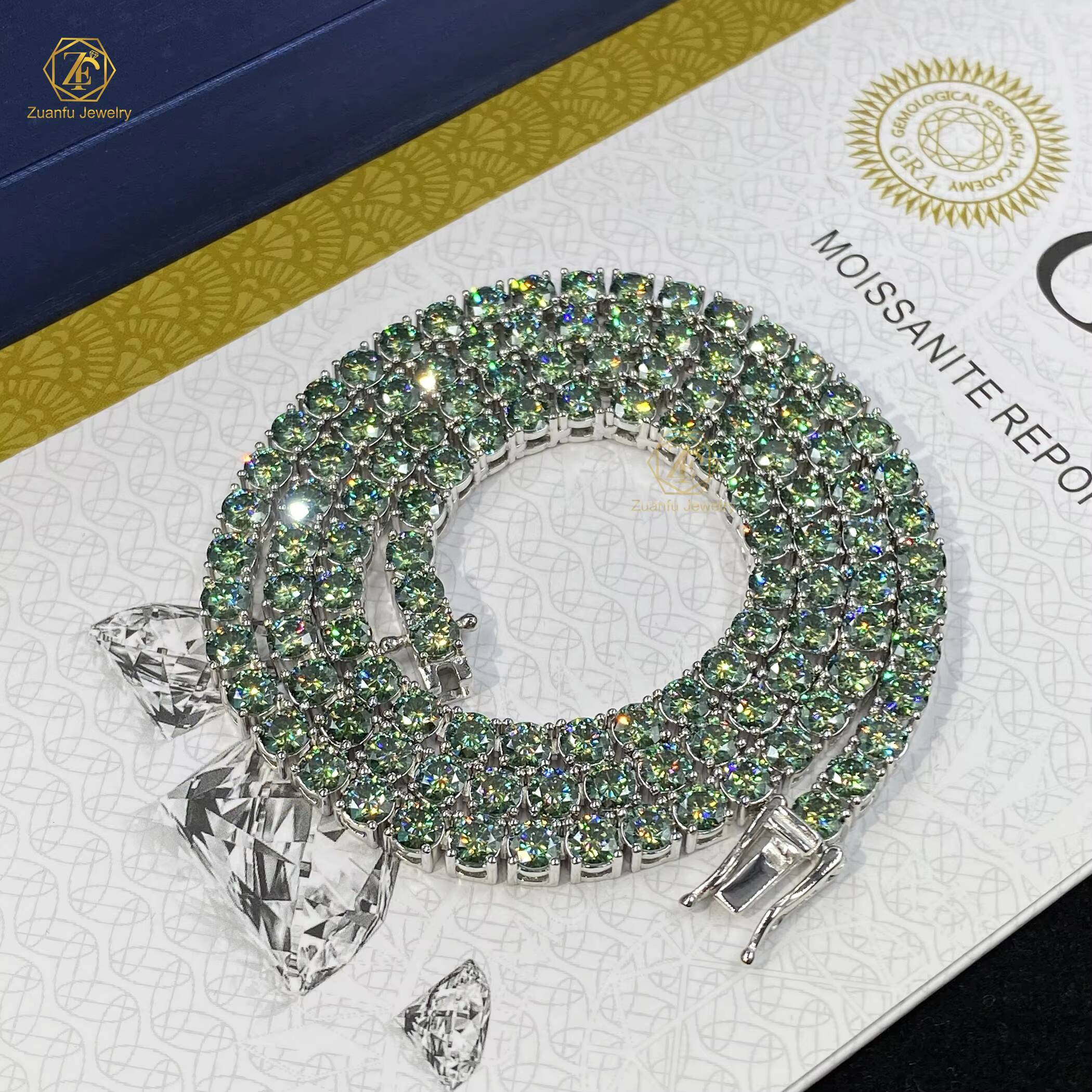 New Trendy Blue Green Tennis Link Chain 3mm 4mm 5mm Vvs Moissanite Diamond 925 Silver Ice Out Tennis Chain Necklace