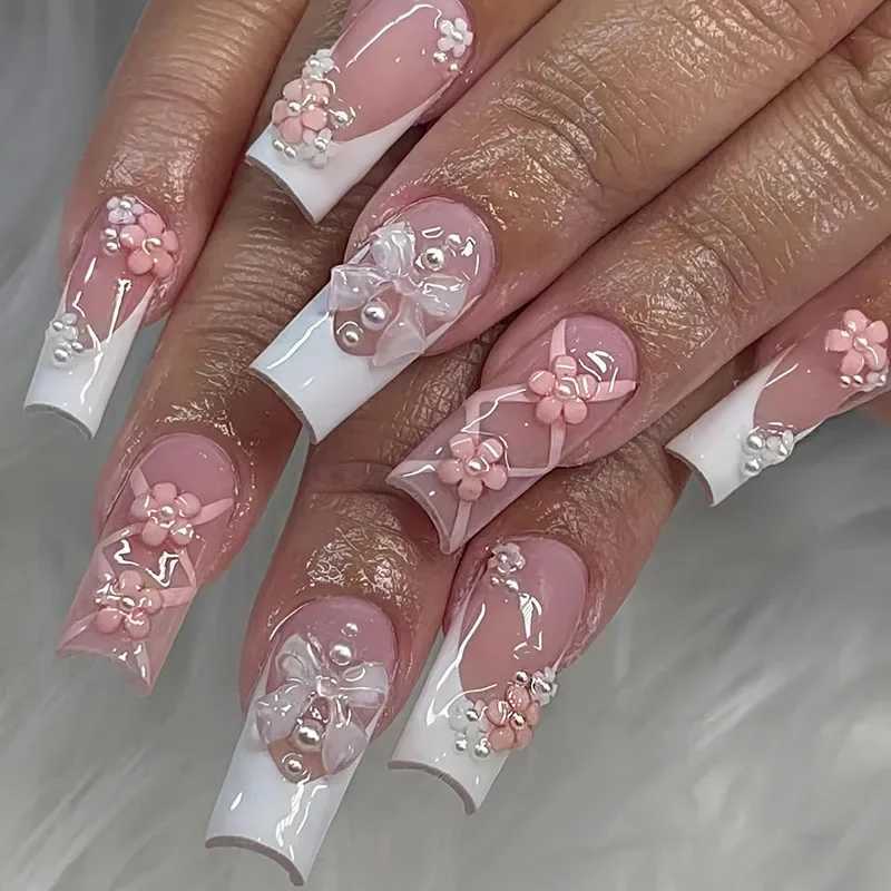 24pcs black bow fake nails diamond cross long ladder beach pattern press wearable nail tips for women and girls W250410