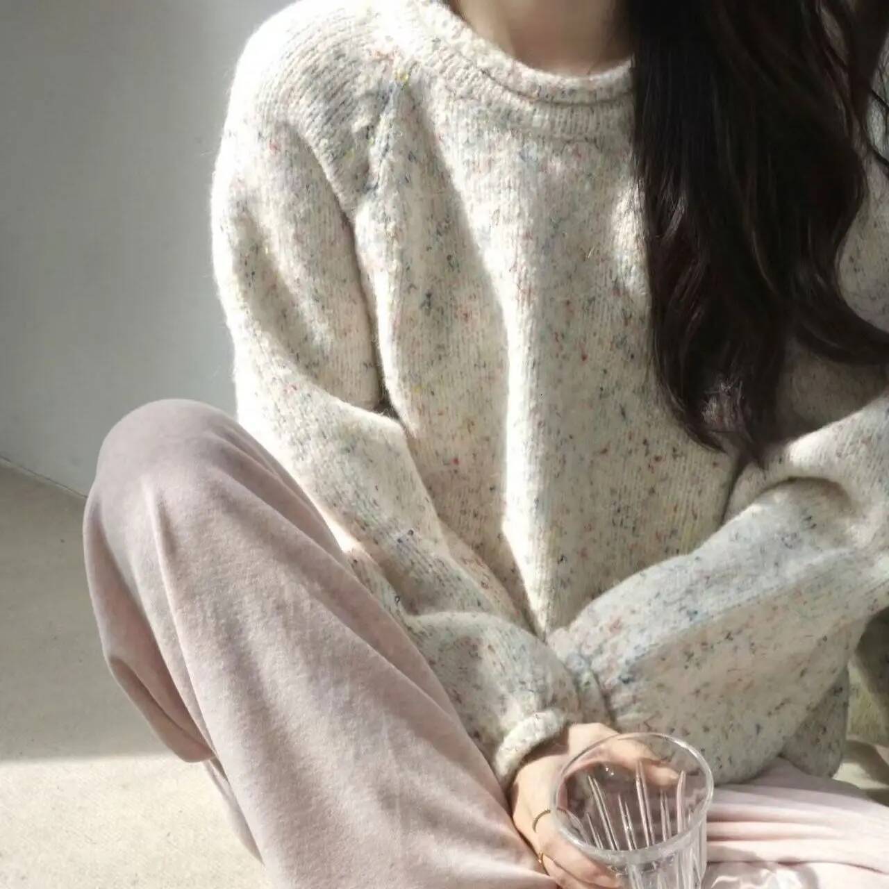 Color Retro Knitted Sweater Curled Edge 2025 Autumn/Winter New Top Lazy Loose Round Neck dongdumaoyi