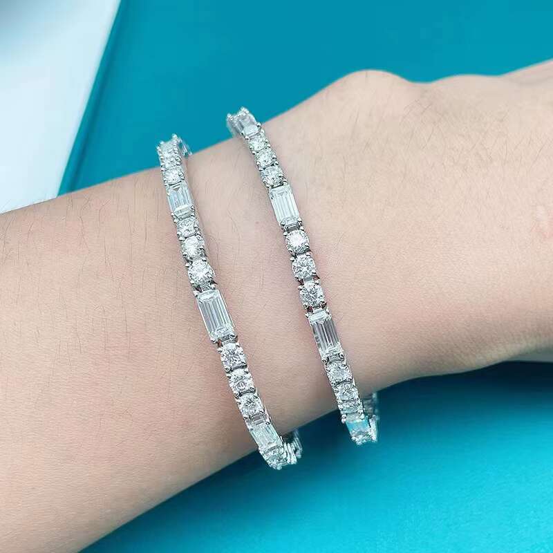 New Design White Gold Plated Hip Hop Jewelry Moissanite Baguette Tennis Bracelets for Gift