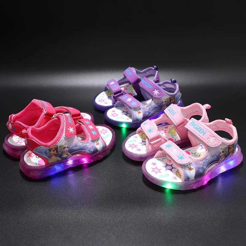 Summer childrens sandals Priness Elsa Anna childrens sandals LED lights beach pink purple shoes size 21-31 Z250410