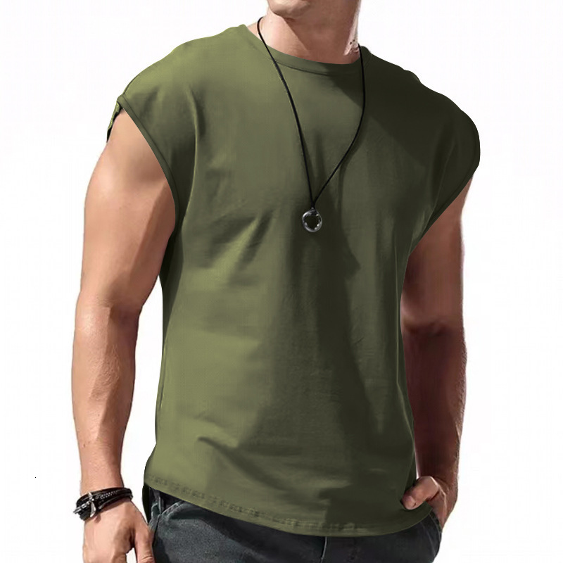 Mens 2024 Summer New Sleeveless Tank Top Youth Casual Loose Solid Color Shoulder T-shirt