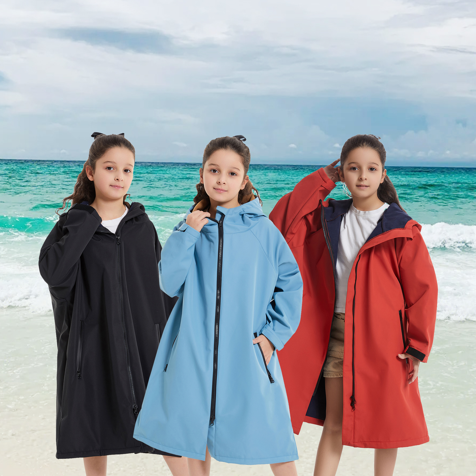 1 Hiturbo warm swimsuit jacket: Children's composite zipper style cape soft lining hooded robe