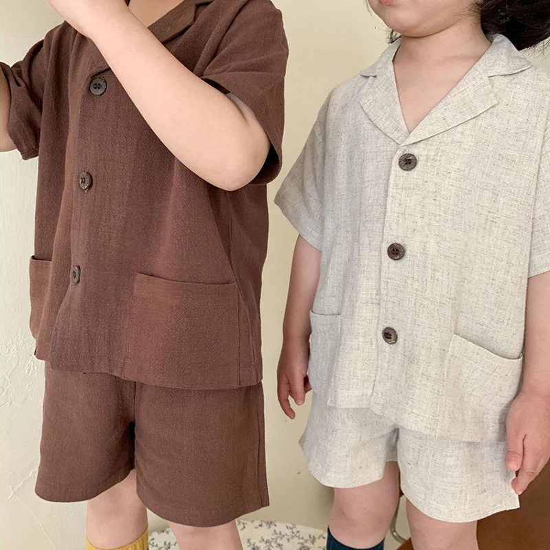 Korean style 1-6 year old boys womens clothing set cotton linen short sleeved cardiganshort sleeved childrens summer clothing set 250409