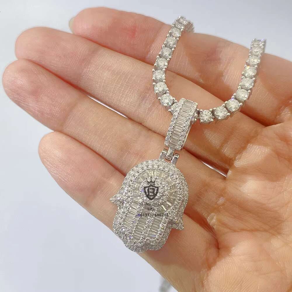 Wholesale Factory Directly Sticking Out One Layer baguette Moissanite Hamsa Hand 925 Silver Pendant
