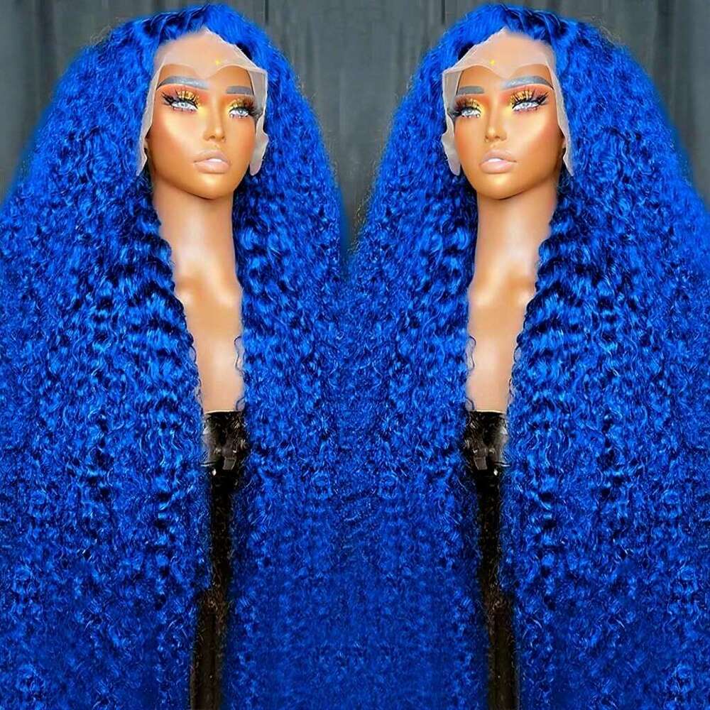 Women's Brazilian Remy Human - Kinky Blue Lace Front 13X4 HD Transparent Lace, Pre-Plucked Glueless Wig With Baby Hair Bleached Knots 180% Densit