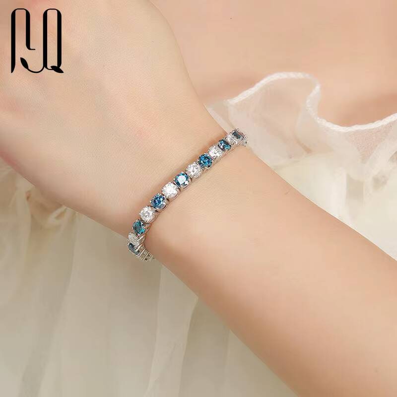 PYQ Fine Jewelry 3mm-65mm 925 Sterling Silver Grade VVS Royal Blue Mossanite Moissanite Diamond Tennis Chain Bracelet