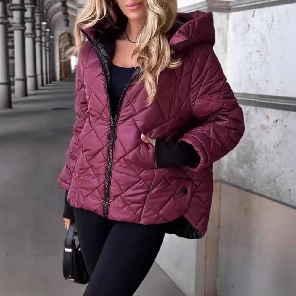 Cross-Border Autumn and Winter New Fashion Trend Diamond Pressed Grid Loose Hooded Cotton-Padded Jacket Warm Coat