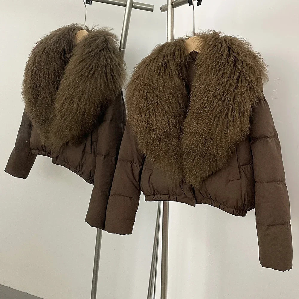 OFTBUY Fur Waterproof PU Puffer Jacket Short Large Mongolian Collar Coat Women White Duck Down Winter Parkas Female 251110