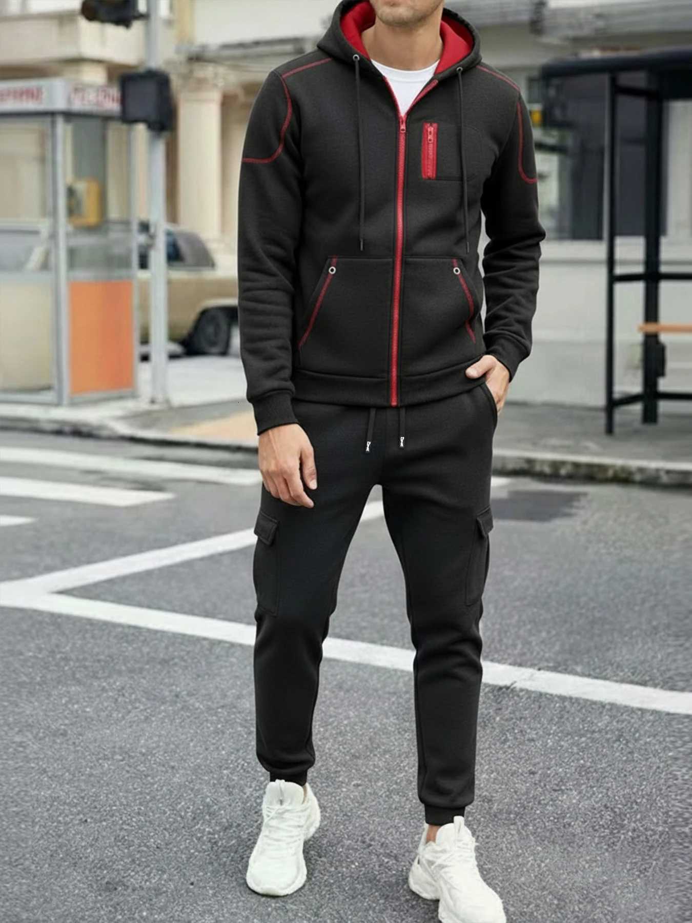 2025 Popular Two-piece Mens Sportswear Autumn Solid Color Jogging Suit Hooded Zipper Jacket Sport Pants Casual Sports Set W251110