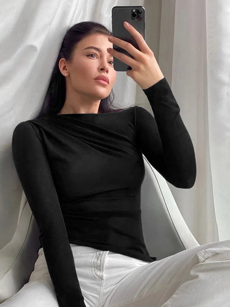 Long sleeved top white womens basic crop autumn polover solid color round neck Tshirt street clothing black Y2K 250407