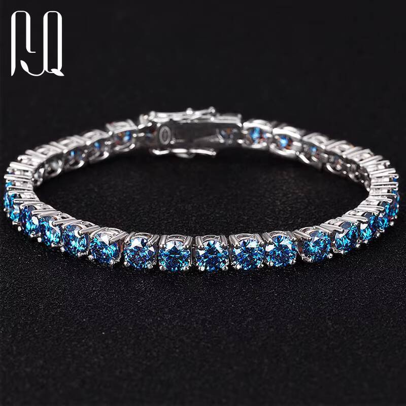 PYQ Fine Jewelry 3mm-65mm 925 Sterling Silver Grade VVS Royal Blue Mossanite Moissanite Diamond Tennis Chain Bracelet