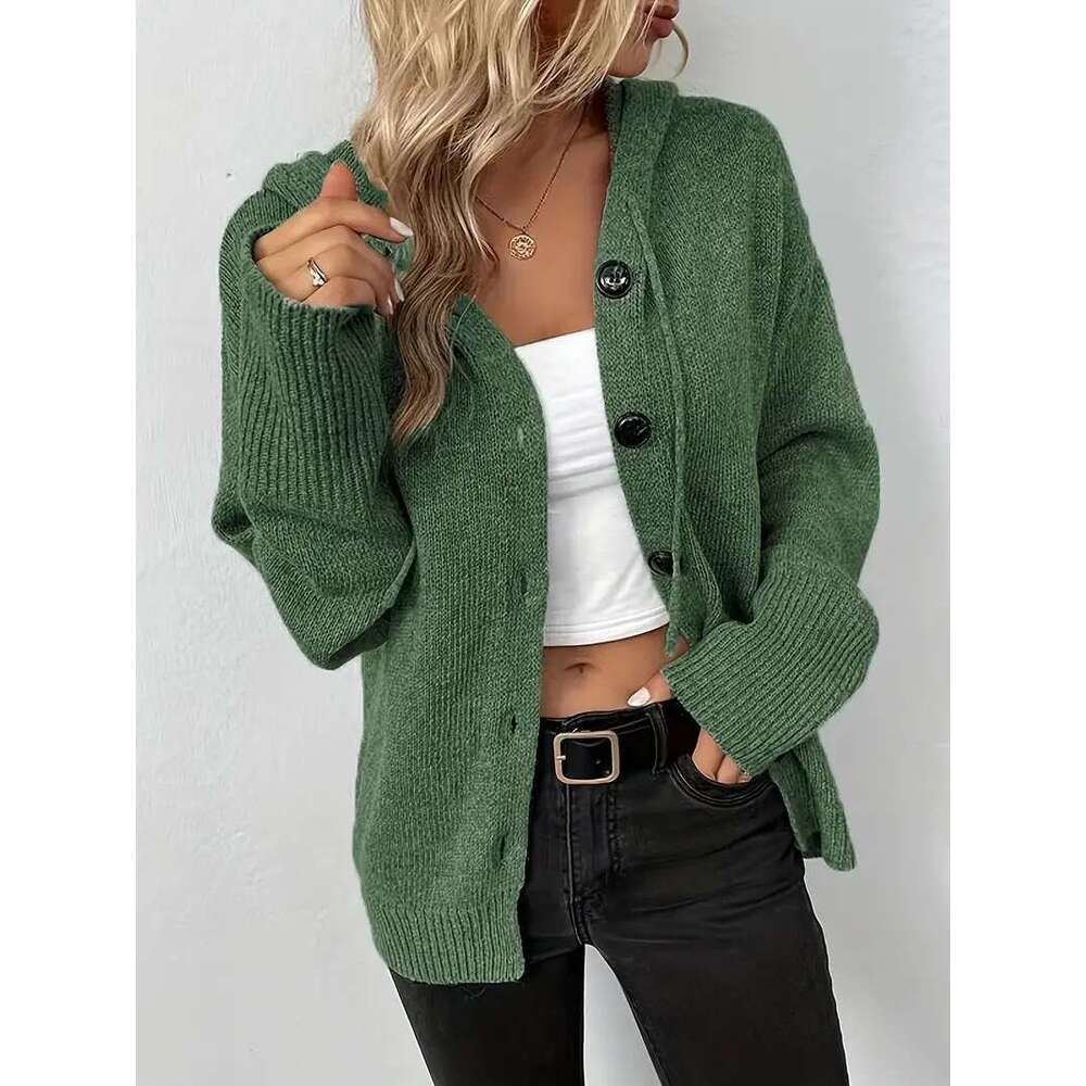 Solid Color Hooded Single-Breasted Cross-Border Sweater 2025 Autumn Winter New Drawstring Knitted Cardigan Coat for Women