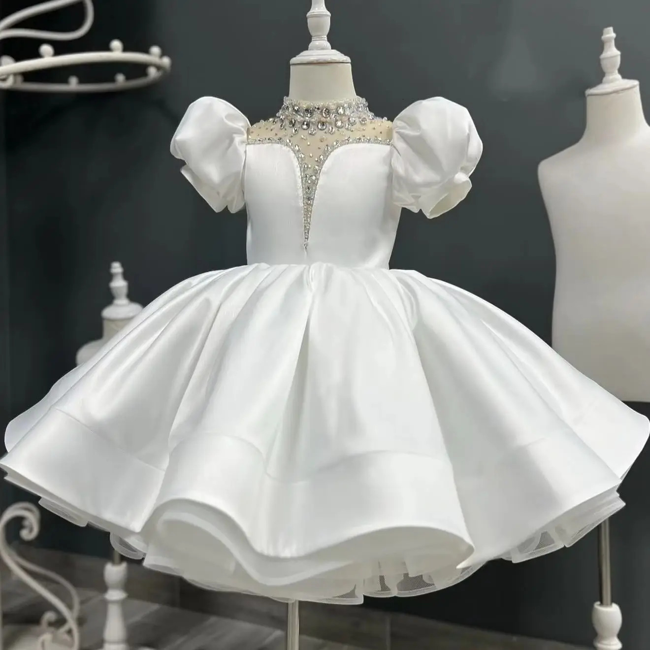 Customized White Flower Girl Wedding Dress Satin Bow Short Sleeve Childrens Birthday Party First Communication Ball Dress 250403