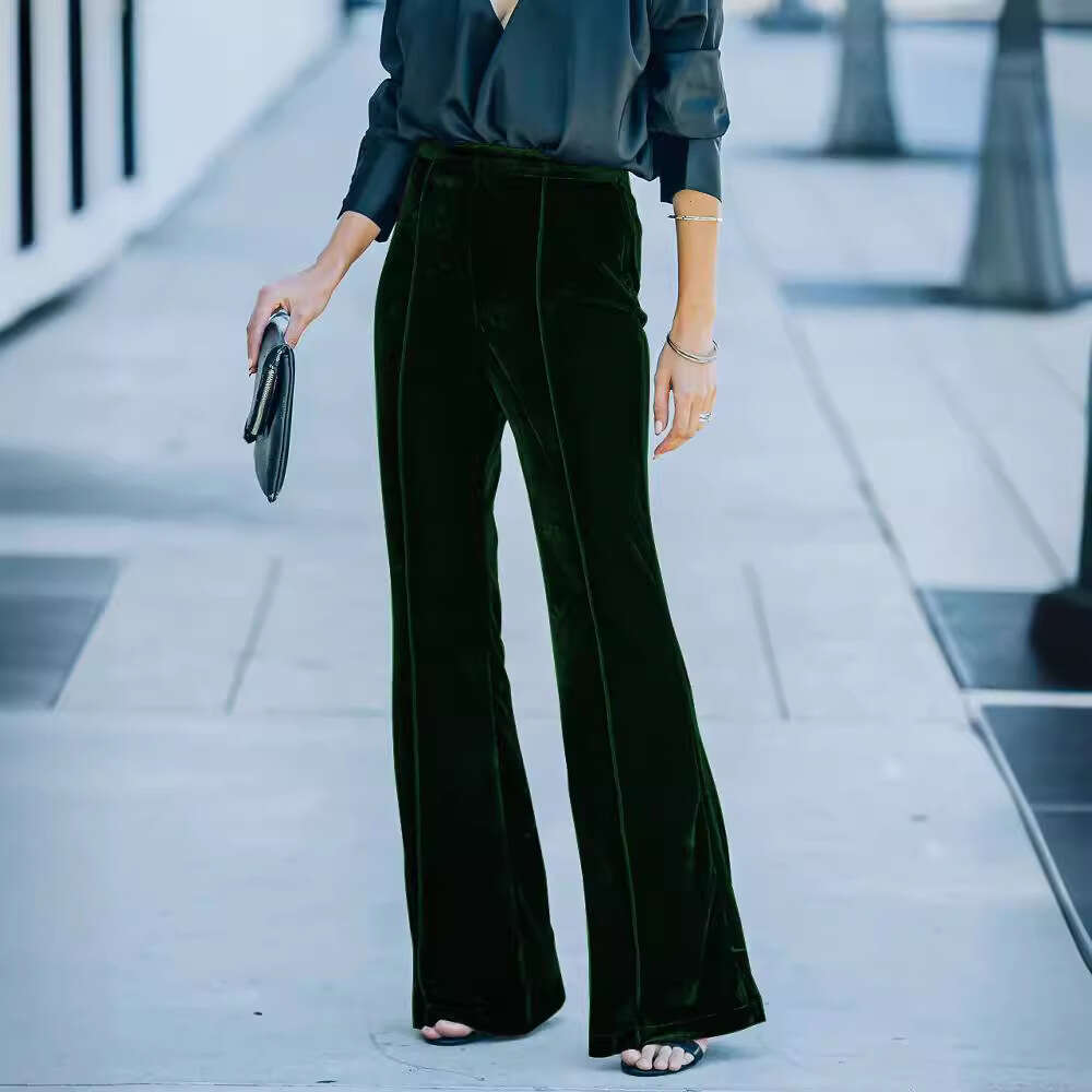 Cross-Border Independent Station European and American New Style 2023 Autumn Winter Women's Patchwork Velvet Flared High Waist Casual Pants