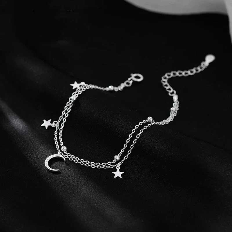 925 Sterling Silver Zircon Bracelets For Women Korean Designer Double Layer Star Moon Bracelet Party Wedding Charm Jewelry GiftsT251110