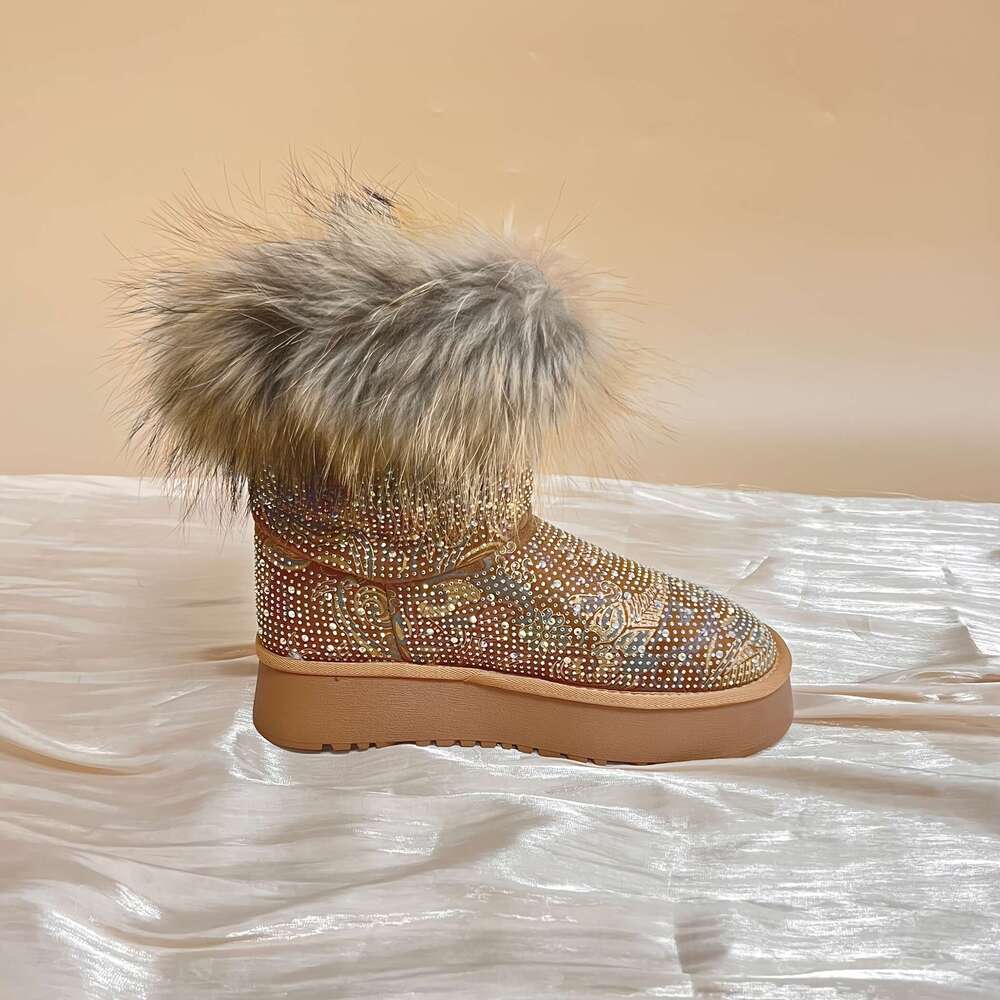 Women's Rhinestone Snow - Thick Sole Mid-Calf With Fluffy Trim, Glittery Round Toe Design, And Warm Insulation For Cold Weather, Winter Boots