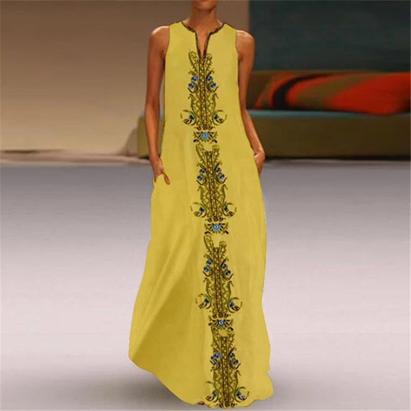 New women's printed V-neck sleeveless pocket insert summer dress