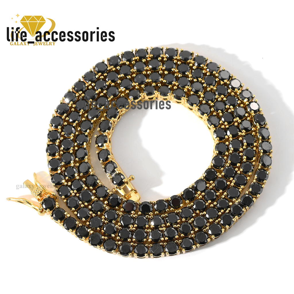 Real Pass Diamond Tester Black Moissanite Diamond Men Tennis Chain 1 Row Iced Out 3-5mm Gold Plated 925 Silver Bracelet Necklace