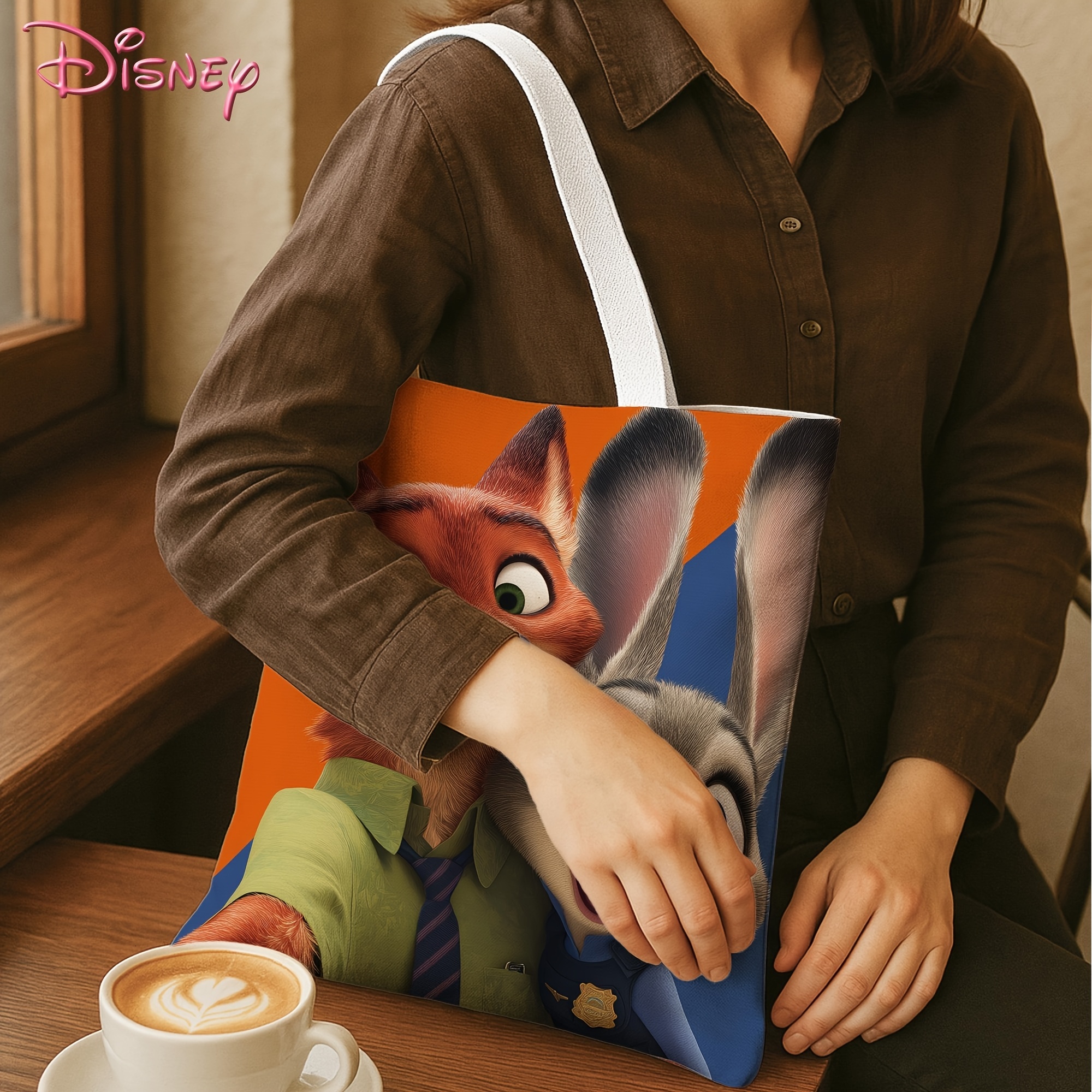 Disney 1 Piece Zootopia Handbag Judy Hopps & Nick Wilde Print, Red Blue, Foldable Durable, Daily Use, Travel, Work, College - Suitable for Women and M