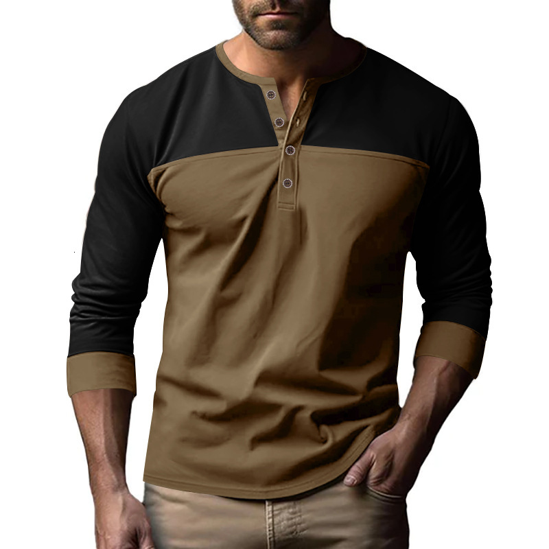 2025 autumn new American long sleeved color blocked Henry collar base shirt casual T-shirt for men