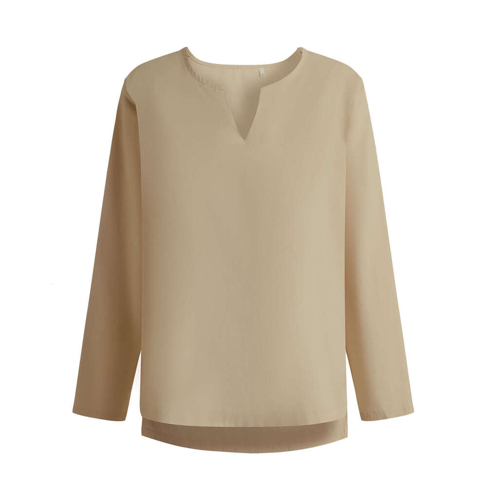 2025 Autumn Youth T-Shirt Cotton Linen Solid Color Loose Fit Chinese Style V-Neck Men's Long Sleeve Shirt