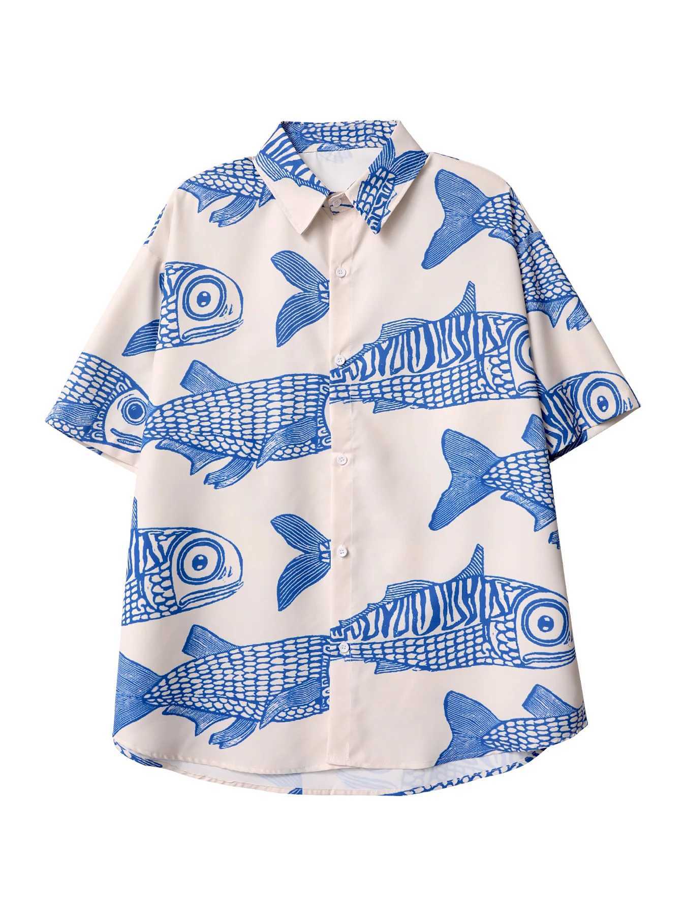Ultra fine American fried street fashion fish print new personalized mens summer casual shirt X250410