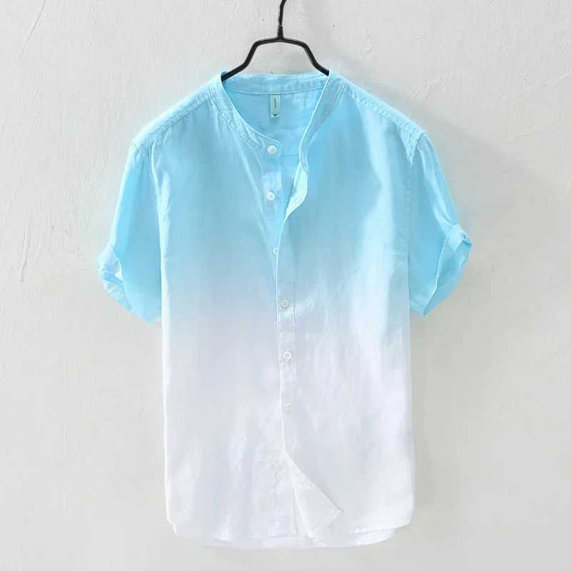 Short sleeved 100% linen cool breathable comfortable and healthy material gradient beach mens cardigan X250410